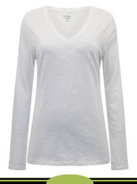 WHITE Cotton Rich V-Neck Long Sleeve T-Shirt - Size 10 to 22