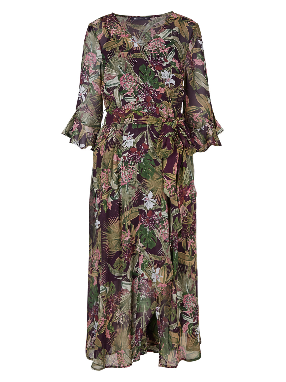 Marks and Spencer - - M&5 BURGUNDY Floral Print Ruffle Sleeve Wrap Midi ...