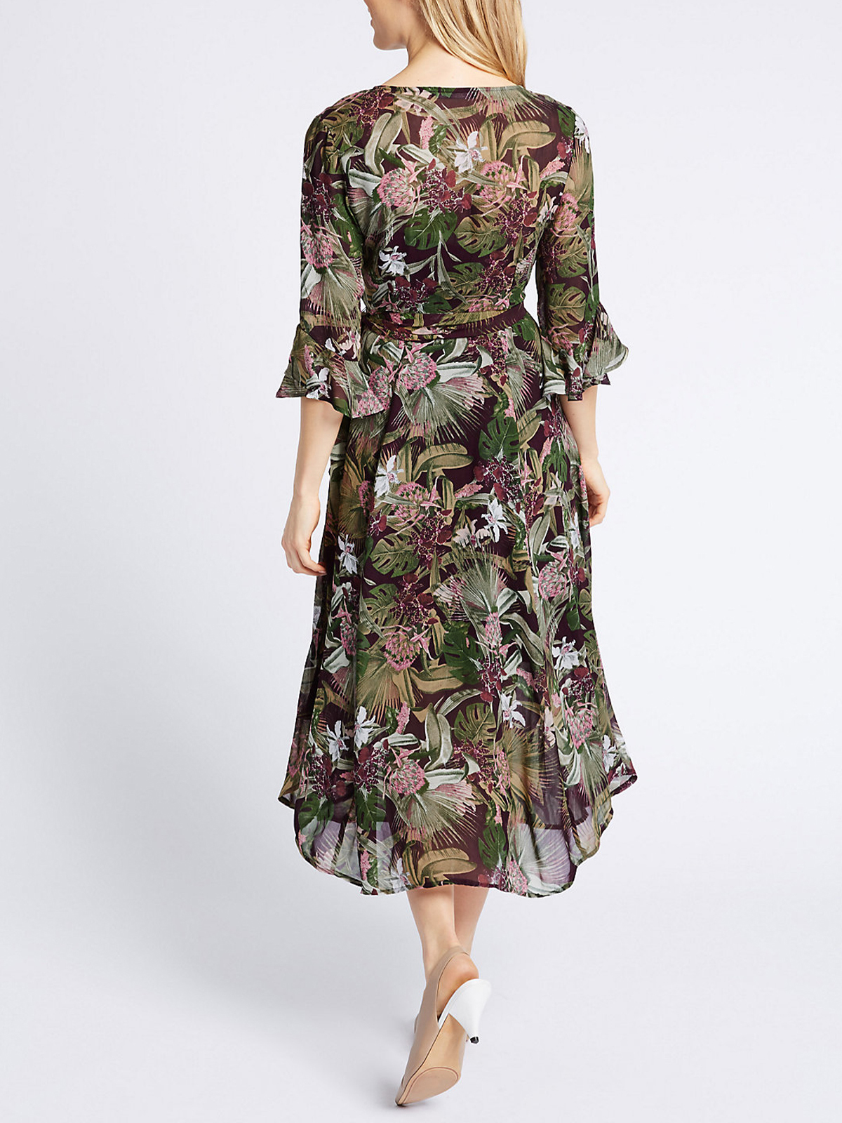 Marks And Spencer Mand5 Burgundy Floral Print Ruffle Sleeve Wrap Midi