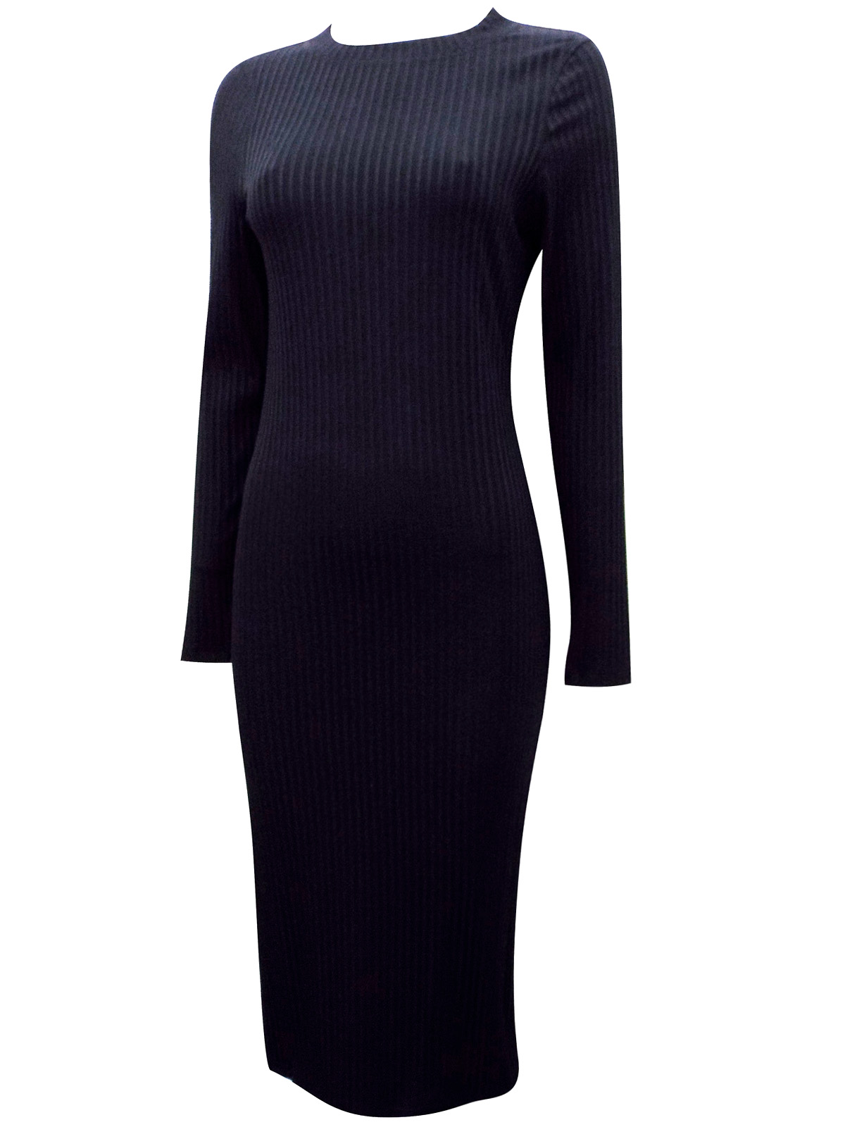 Marks and Spencer - - M&5 BLACK Ribbed Long Sleeve Midi Dress - Size 8 ...