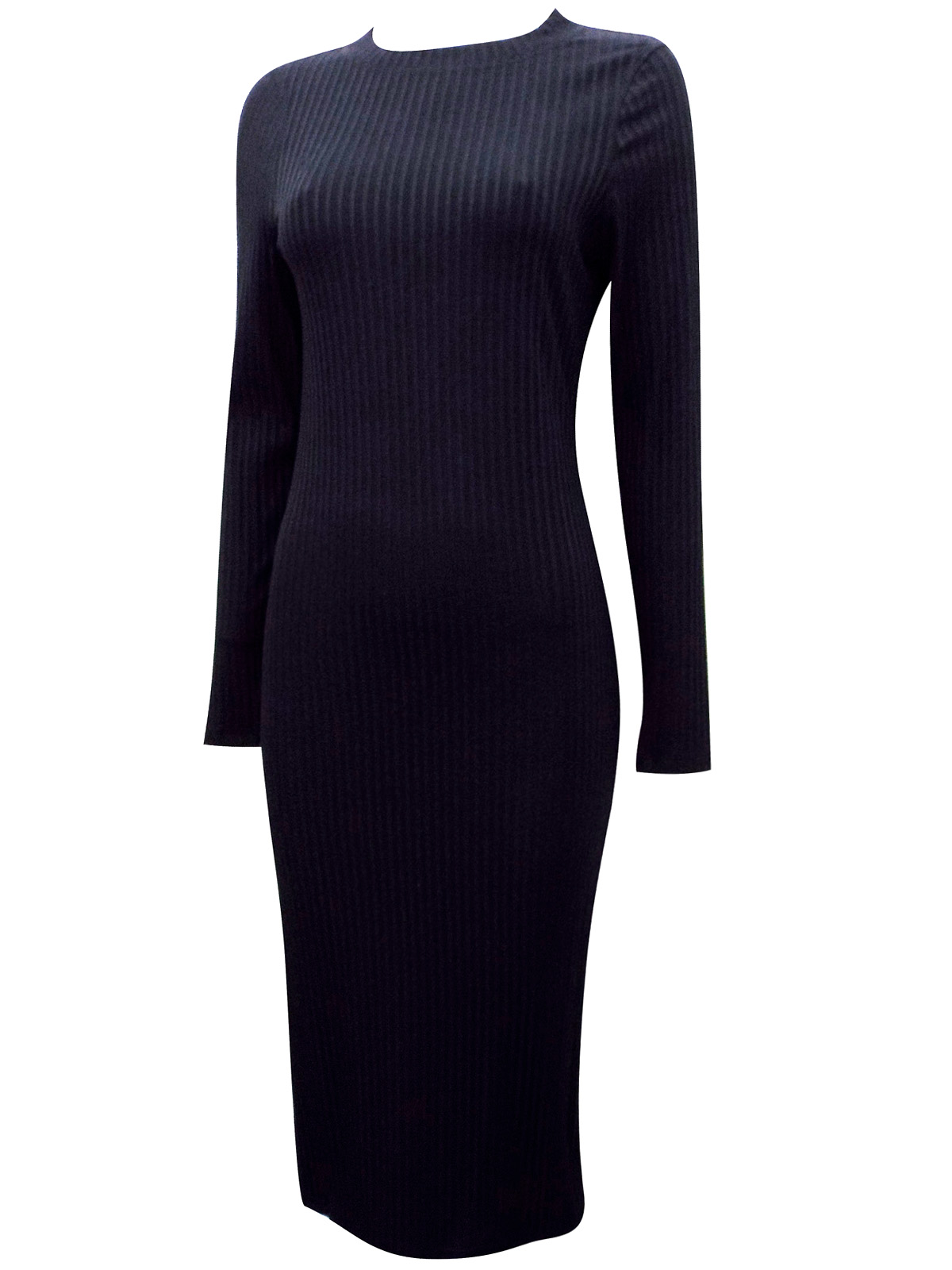 Marks And Spencer Mand5 Black Ribbed Long Sleeve Midi Dress Size 6