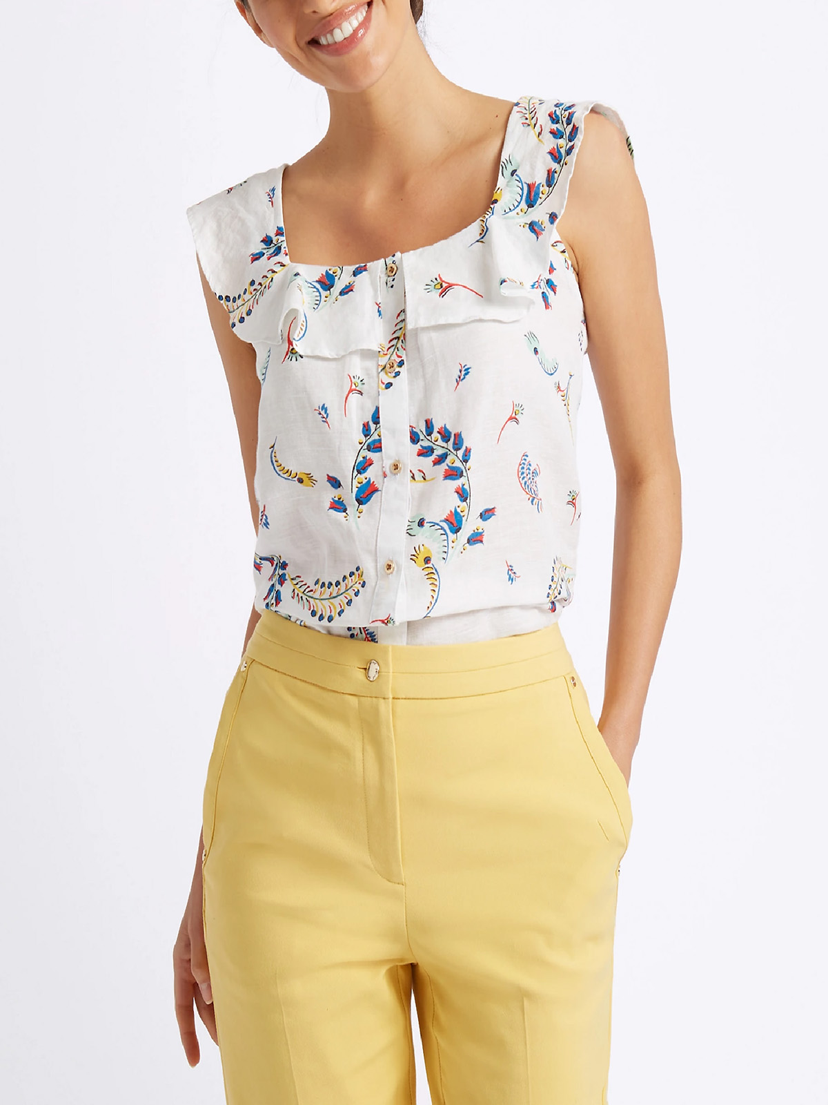 Marks and Spencer M&5 P3R UNA IVORY Linen Rich Square Neck Blouse