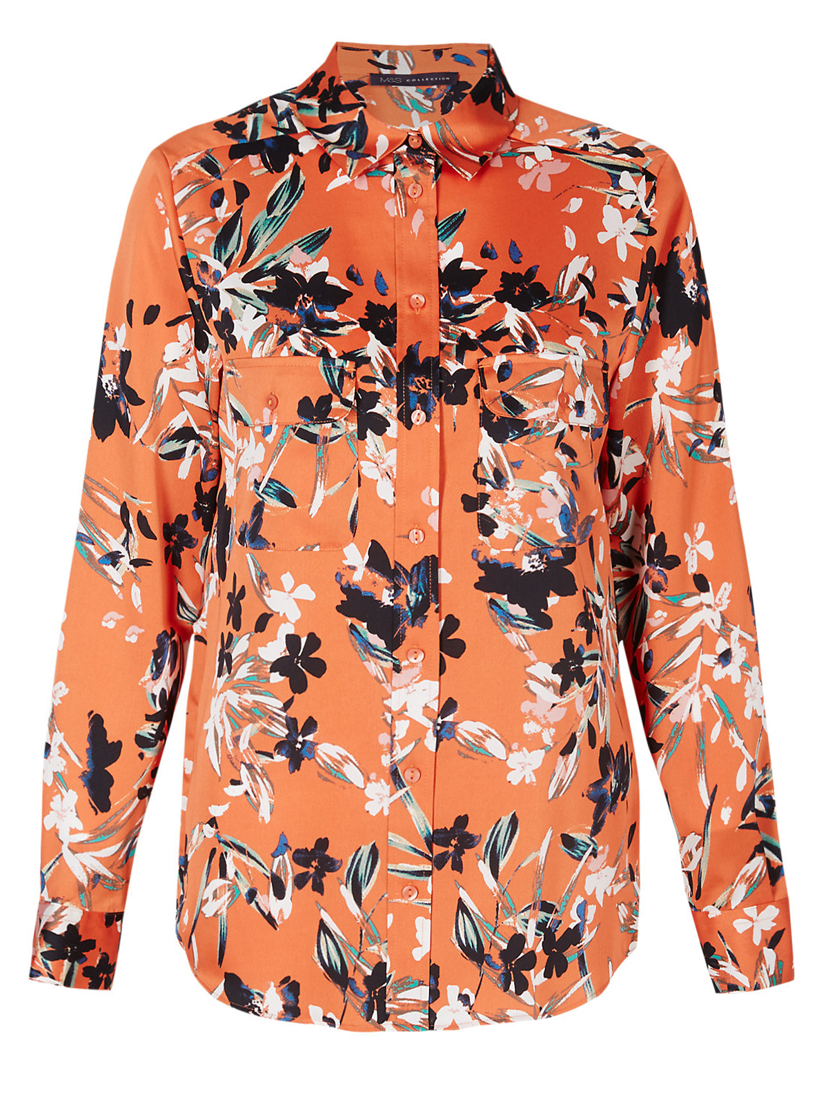 Marks and Spencer - - M&5 ORANGE Floral Print Long Sleeve Shirt - Size ...
