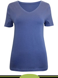 BLUE Cotton Rich Short Sleeve V-Neck Fitted Top - Size 6 to 22