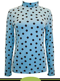 BLUE Polka Dot  Long Sleeve Funnel Neck Fitted Stretch Top - Size 6 to 24