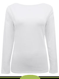 WHITE Cotton Rich Long Sleeve Slash Neck Top - Size 6 to 24