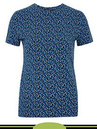 BLUE Cotton Floral Fitted Short Sleeve Top - Size 6 to 24