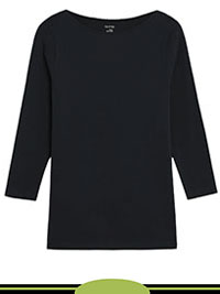BLACK Cotton Stretch 3Q Sleeve Slash Neck Fitted Top  - Size 10 to 24