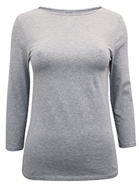 GREY Cotton Stretch 3Q Sleeve Slash Neck Fitted Top  - Size 6 to 24