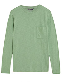 M&5 MOSS-GREEN Pure Cotton Crew Neck Long Sleeve Top - Size 6 to 24