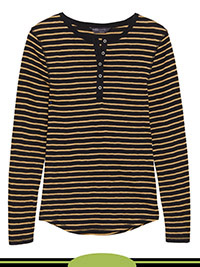 BLACK Striped Pure Cotton Long Sleeve Henley Slim Fit Top - Size 6 to 24