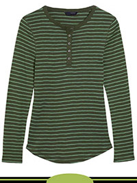 GREEN Pure Cotton Striped Long Sleeve Henley Top - Size 8 to 18