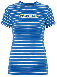 M&5 BLUE 'C’est la Vie' Short Sleeve Cotton Striped T-shirt - Size 6 to 24