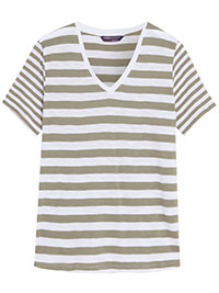 M&5 KHAKI Pure Cotton Striped Straight Fit T-Shirt - Size 6 to 24