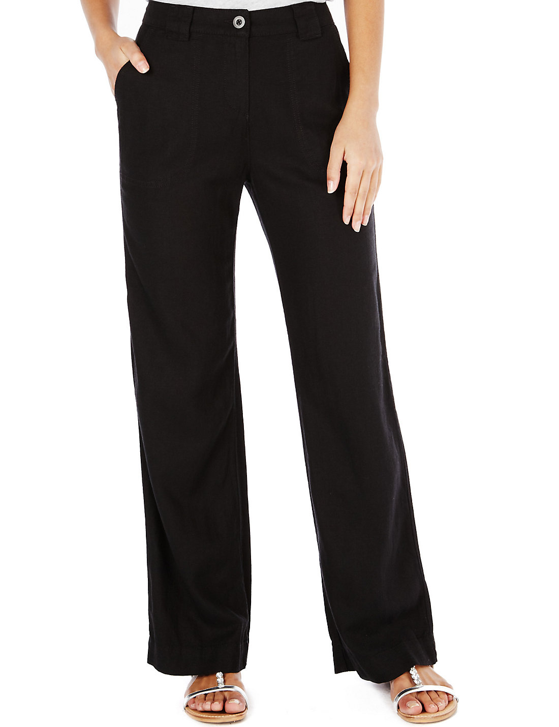 Marks and Spencer - - M&5 BLACK Linen Blend Wide Leg Trousers - Size 10 ...
