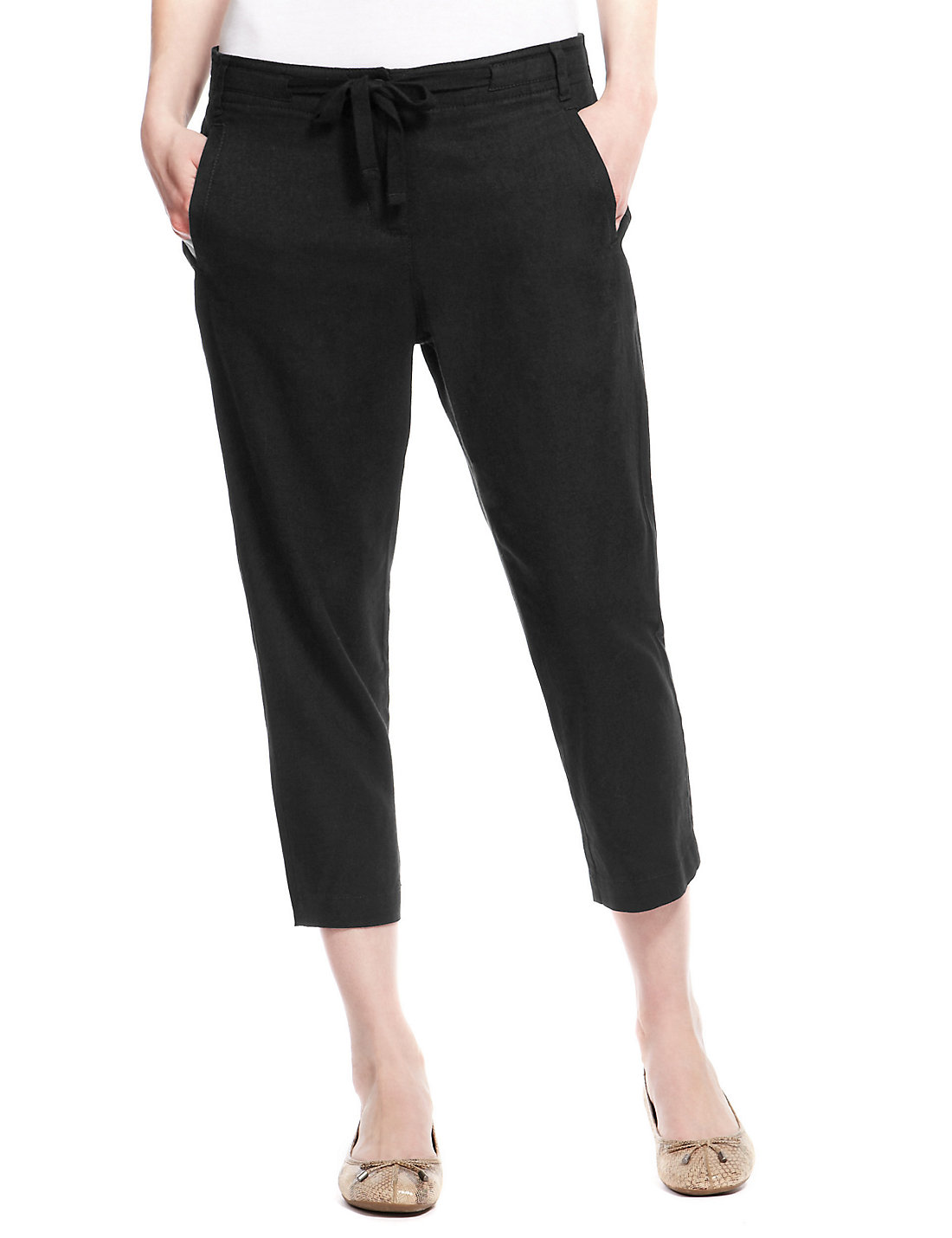 Marks and Spencer - - M&5 BLACK Linen Blend Cropped Trousers - Size 14 ...
