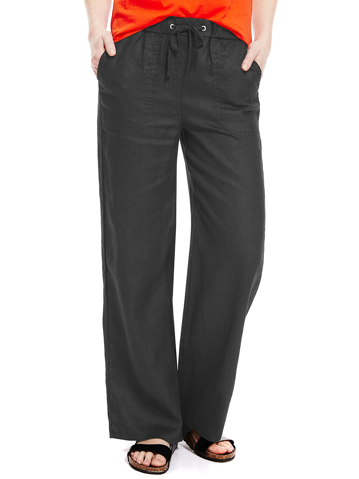 marks-and-spencer-m-5-black-pure-linen-wide-leg-trousers-size-10