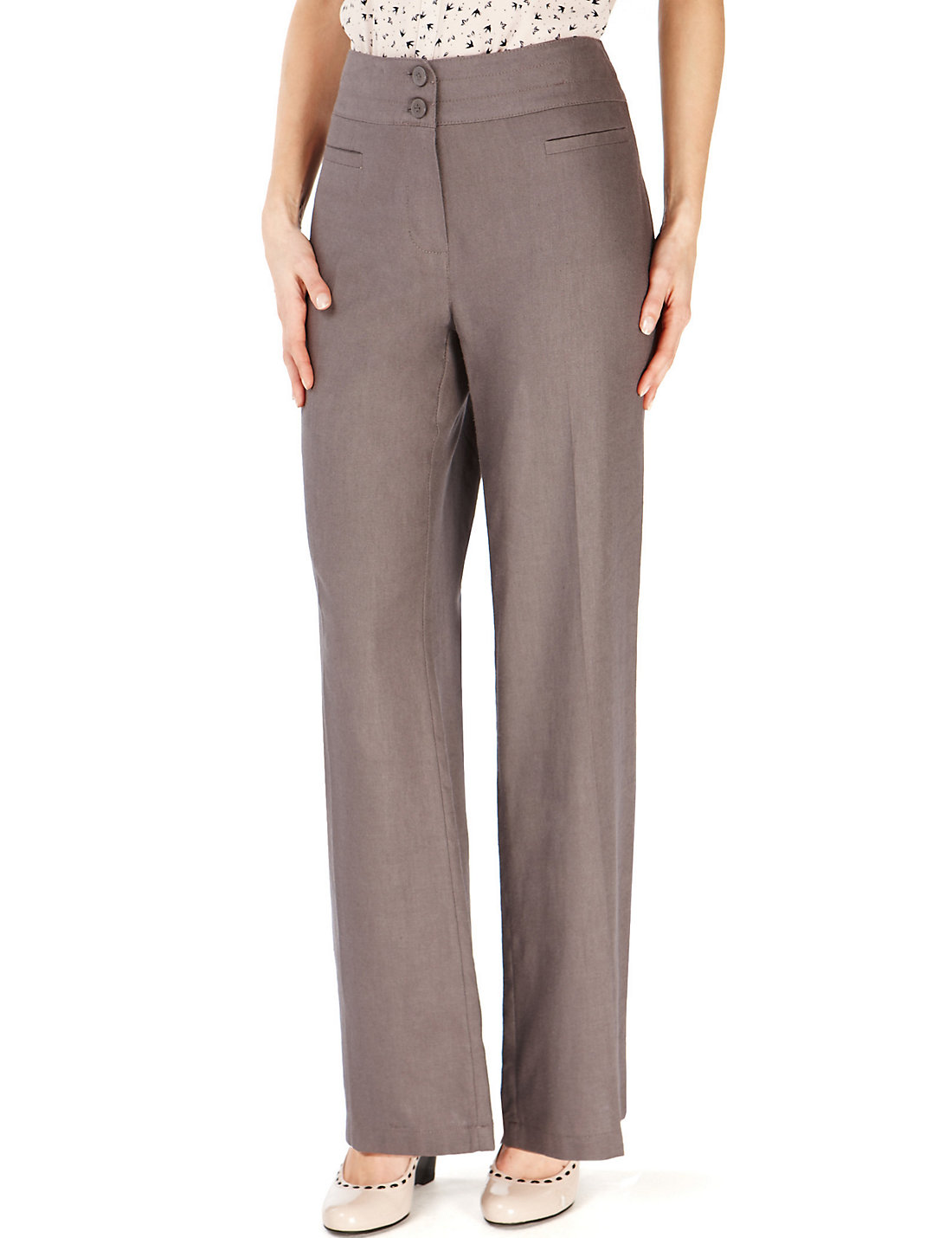 Marks and Spencer - - M&5 GREY Linen Blend Straight Leg Trousers - Size ...