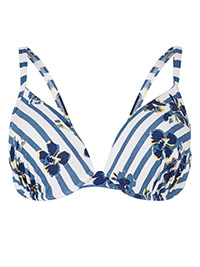 M&5 NAVY Stripe & Floral Print Plunge Bikini Top - Size 38 (DD cup)