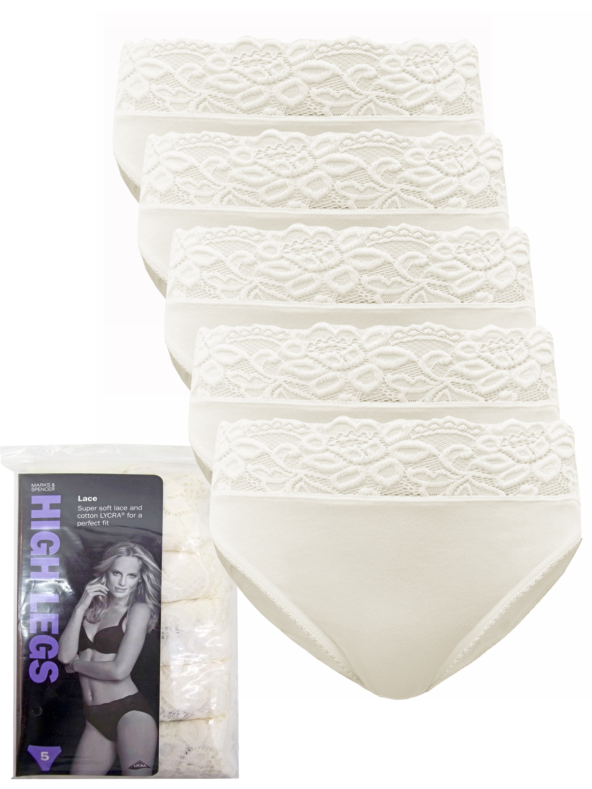Marks and Spencer M&5 CREAM 5Pack Lace High Leg Knickers Size 18