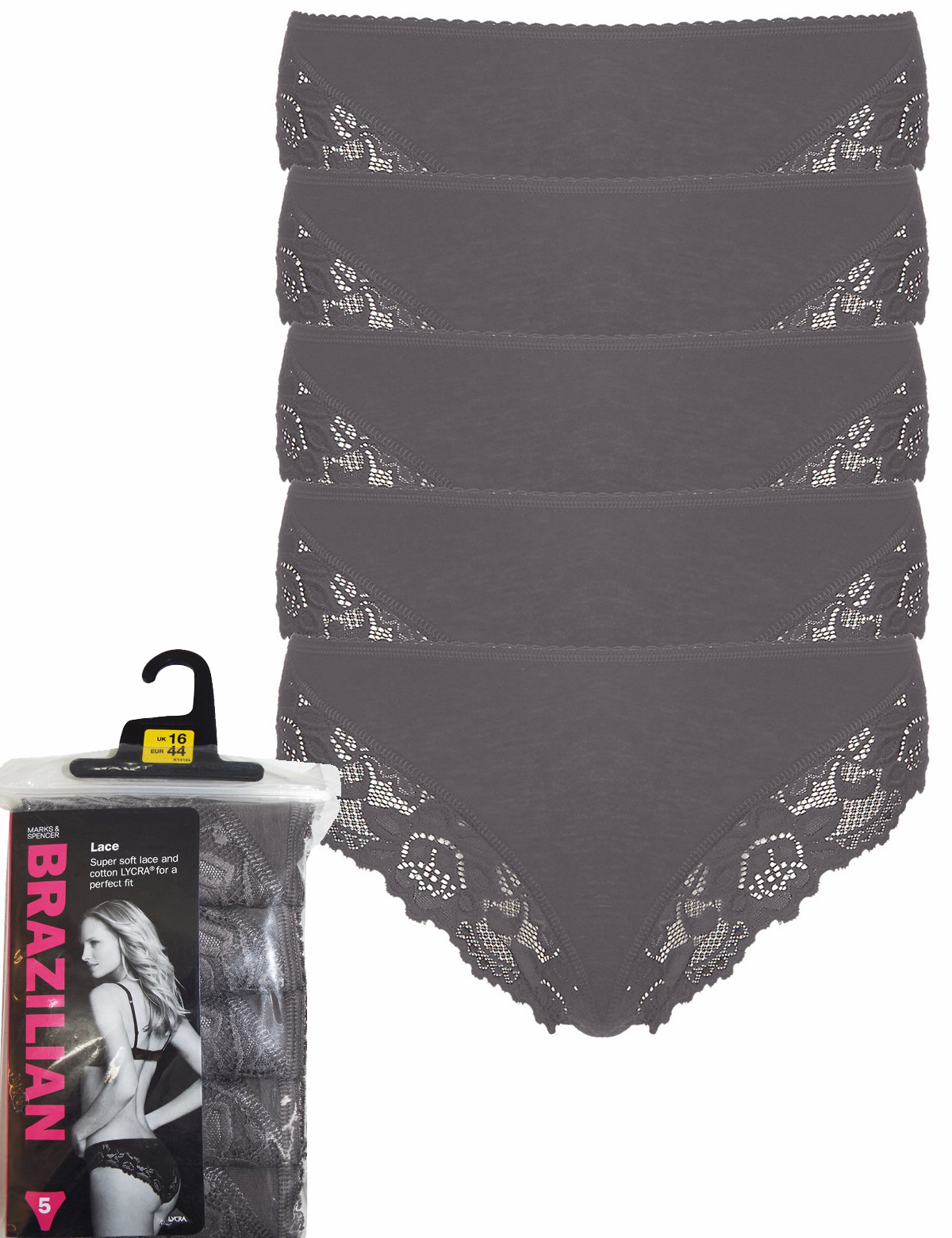 Marks and Spencer M&5 DARKGREY 5Pack Lace Low Rise Brazilian