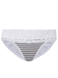BLACK-STRIPE Cotton Rich Lace Waist Striped Bikini Knickers - Size 6 to 18