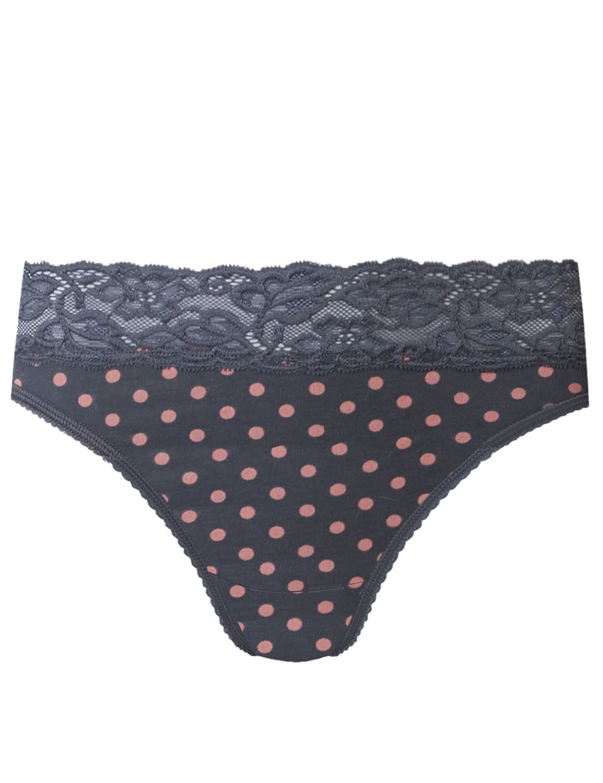  - - GREY Cotton Rich Lace Waist Spotted Thong - Size 8 to 20