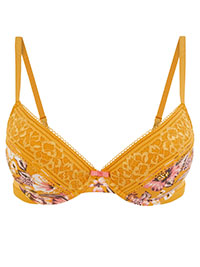 M&5 YELLOW Tropical Print Padded Plunge Bra - Size 30 to 34 (E cup)