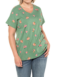 ULLA POPK3N MOSS-GREEN Embroidered Floral V-Neck Oversized Fit Cotton Tee - Plus Size 20/22 to 28/30