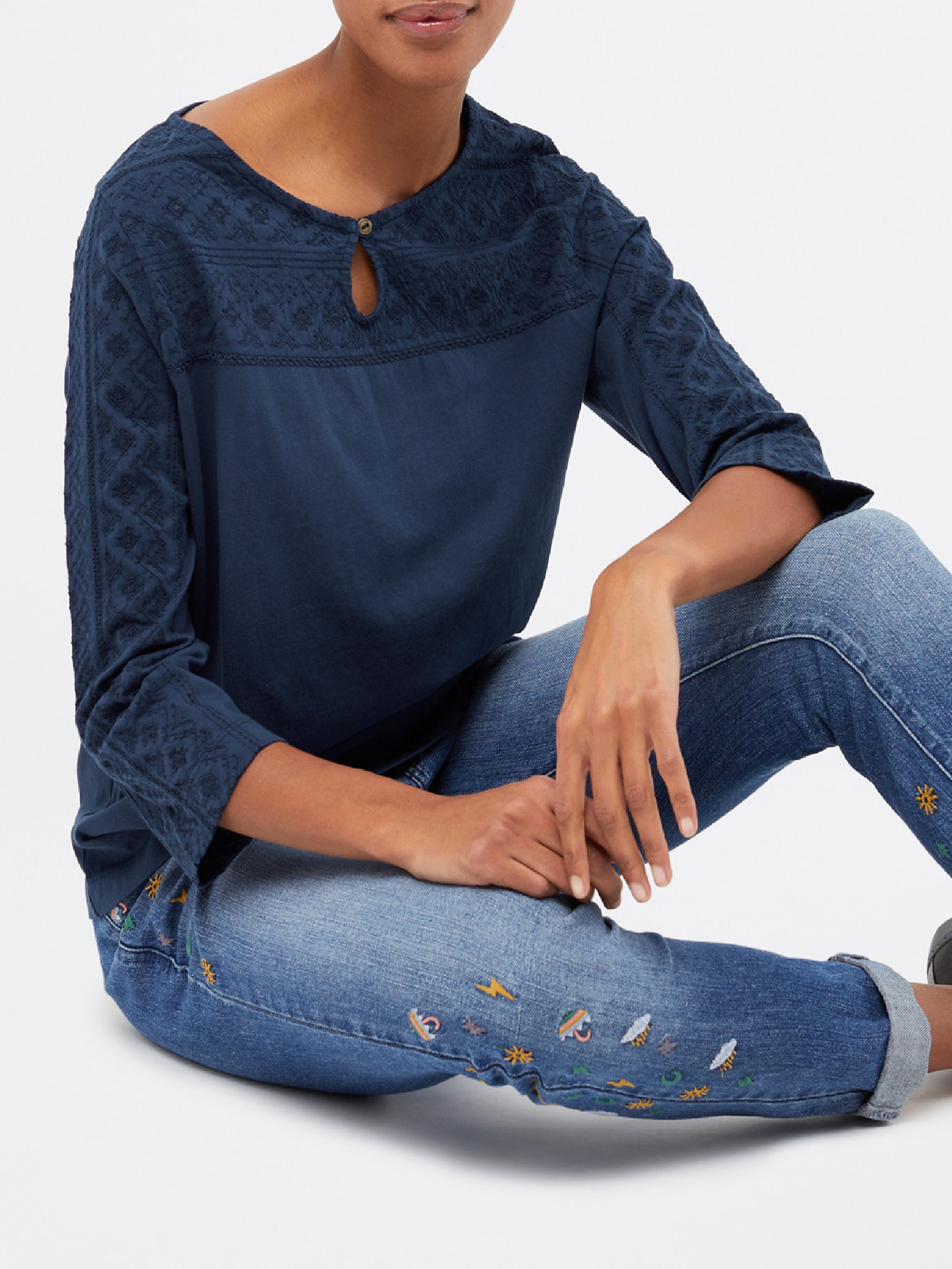 White Stuff WH1TE STUFF NAVY Pure Cotton Artist Embroidered Jersey