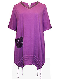 PURPLE Pure Cotton Sequin Embellished Hanky Hem Top - Plus Size 30 to 34 (EU 56 to 60)