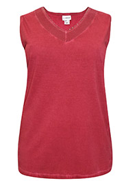 Mia Moda RED Pure Cotton Sleeveless Embellished Trim Top - Plus Size 16 to 30 (EU 44 to 58)