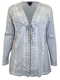 Mia Moda GREY Pure Cotton Embellished Trim Tie Front Cardigan - Plus Size 18 to 34 (EU 46 to 62)