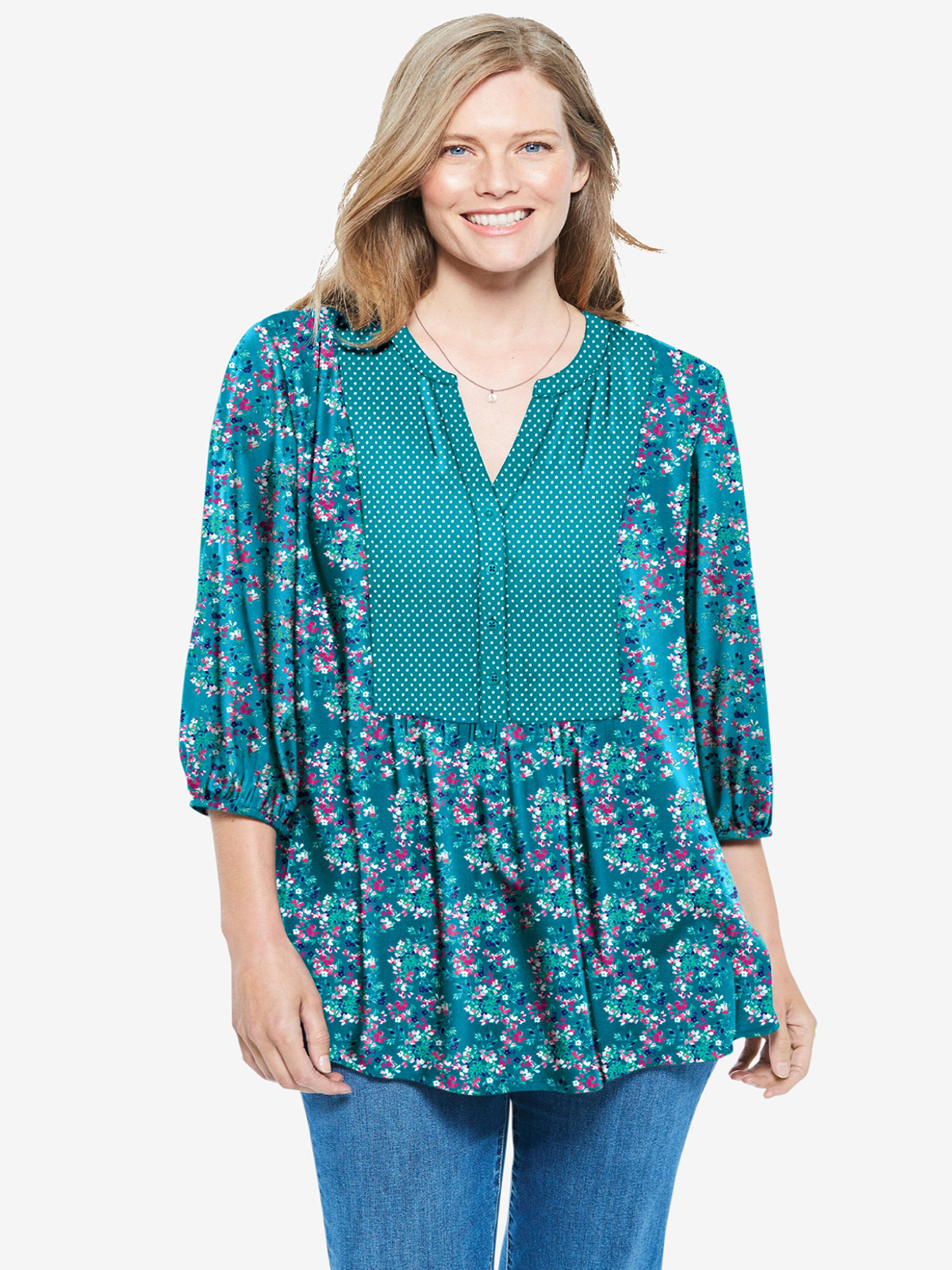 Woman Within - - TEAL Elastic Cuff Mixed Print V-Neck Tunic - Plus Size ...