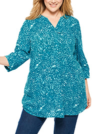Woman Within TEAL 3/4 Sleeve Tab-Front Tunic - Plus Size 20/22 to 40/42 (US L to 5X)
