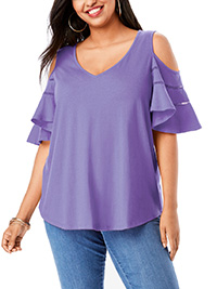 PURPLE Ruffle Sleeve Cold Shoulder Top - Plus Size 20/22 to 36/38 (US L to 4X)