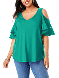 GREEN Ruffle Sleeve Cold Shoulder Top - Plus Size 14 to 32/34 (US S to 3X)