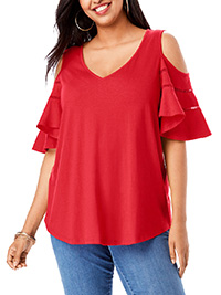 RED Ruffle Sleeve Cold Shoulder Top - Plus Size 24/26 (US 1X)