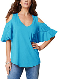 SKY-BLUE Ruffle Sleeve Cold Shoulder Top - Plus Size 16/18 to 24/26 (US M to 1X)