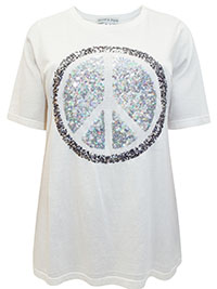Janet & Joyce IVORY Pure Cotton Peace Sign Dipped Hem Top - Plus Size 18 to 32 (46 to 60)