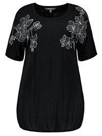 ULLAP BLACK Floral Embroidered Bubble Hem Top - Plus Size 20/22 to 28/30 (US 16/18 to 24/26)