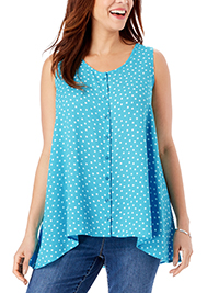 AQUA Caribbean Blue Tossed Dot High-Low Button Front Top - Plus Size 16/18 to 28/30 (US M to 2X)