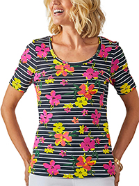 BLACK Floral and Striped Rib T-Shirt - Plus Size 16 to 22