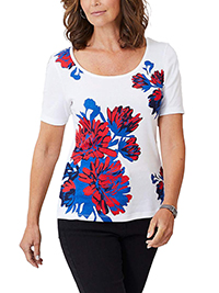 WHITE Pure Cotton Floral Print Half Sleeve Top - Plus Size 16 to 22