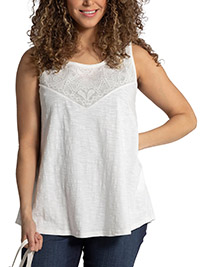 ULLAP IVORY Off White Lace Insert Round Neck Cotton Knit Tank Top - Plus Size 24/26 to 32/34