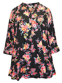 BLACK Floral 3/4 Sleeve Tab-Front Tunic - Plus Size 20/22 to 36/38 (US 1X to 4X)