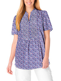 WW BLUE Pintucked Notched Y-Neck Half-Button Cotton Tunic - Plus Size 16/18 to 44/46 (US M to 6X)