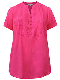 WW PINK Pintucked Notched Y-Neck Half-Button Cotton Tunic - Plus Size 20/22 to 44/46 (US L to 6X)