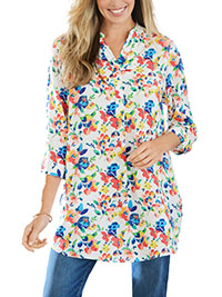 WHITE Floral 3/4 Sleeve Tab-Front Tunic - Plus Size 20/22 (US L)