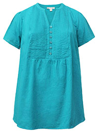 WW SEA-GREEN Pintucked Notched Y-Neck Half-Button Cotton Tunic - Plus Size 20/22 to 40/42 (US L to 5X)